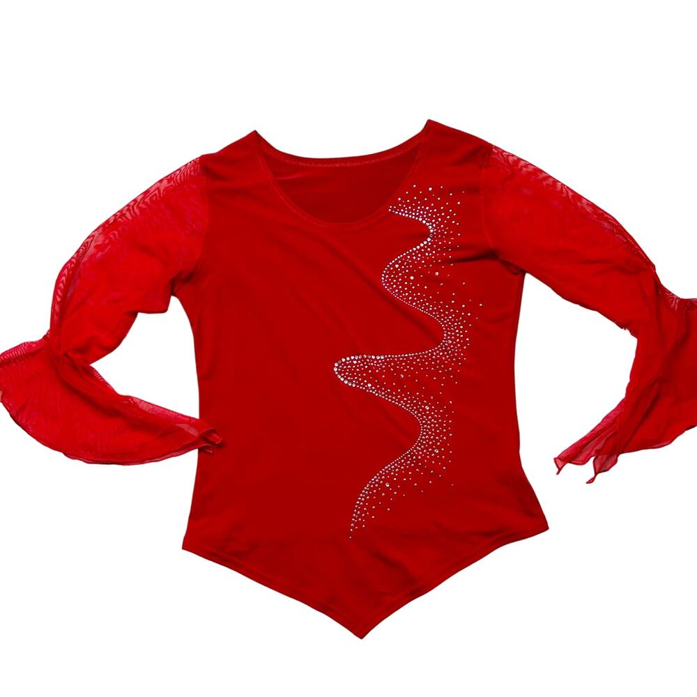 Y2k red mesh rhinestone fishnet flare sleeve top size M